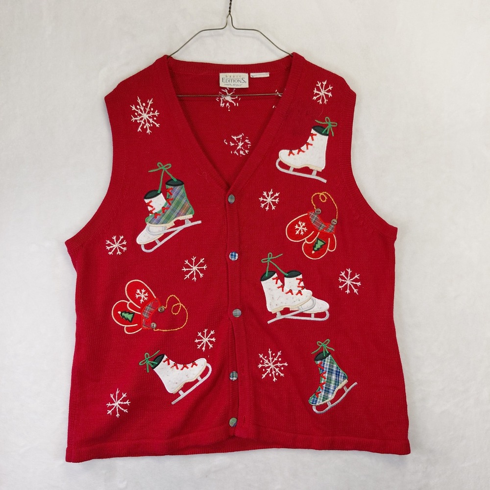 Basic Editions Holiday Vintage Red Knit Sweater Vest Ice Skates Mittens XL
